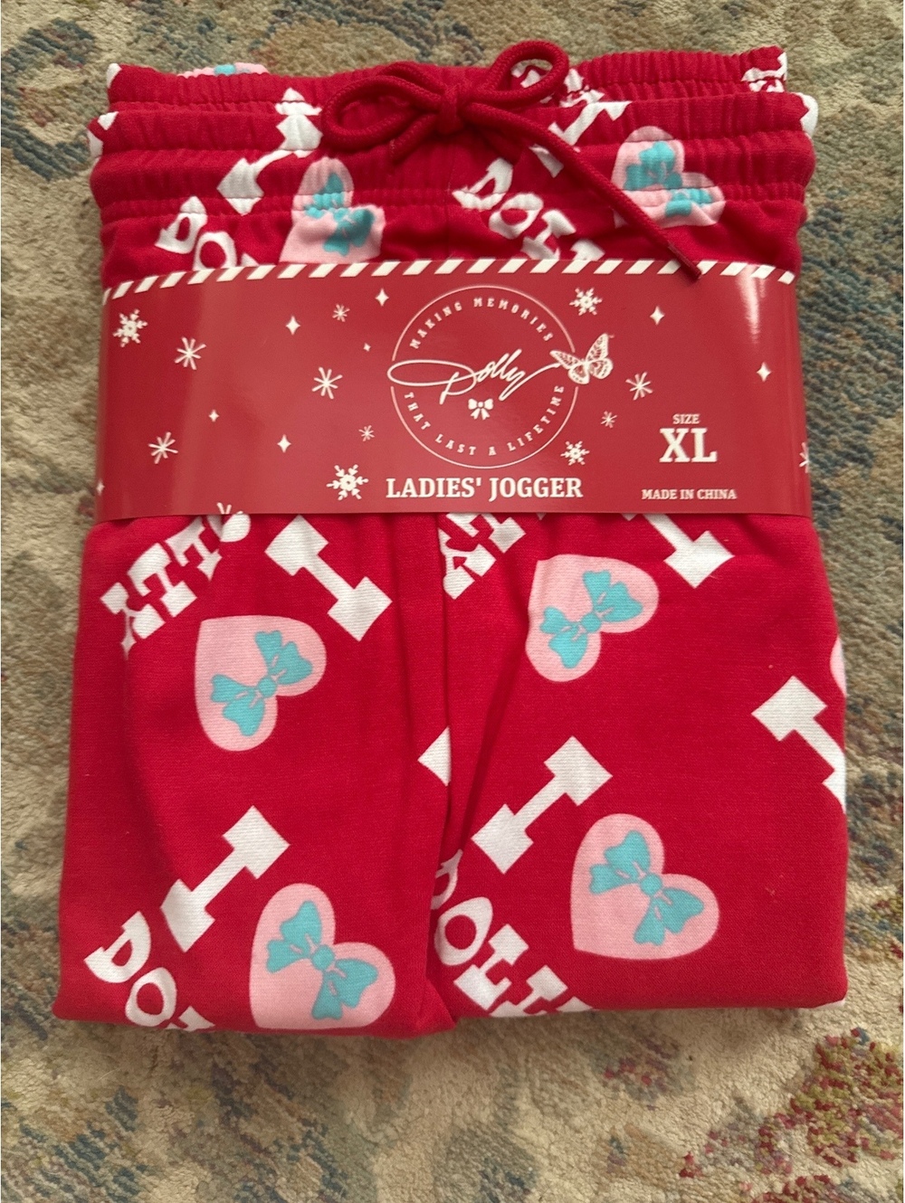 Jolly Ladies' Jogger Pants XL Red with Hearts and Bows Pattern